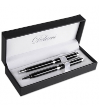 Набор Delucci: ручка шариковая, 1мм и ручка-роллер, 0,6 мм., синие, корпус черный, подар.уп.
