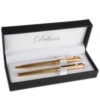Набор Delucci: ручка шариковая, 1мм и ручка-роллер, 0,6мм, синие, корпус золото, подар. уп.