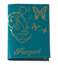 Обложка для паспорта OfficeSpace кожа тип 2, бирюза, тиснение золото бабочки