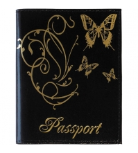 Обложка для паспорта OfficeSpace кожа тип 2, черный, тиснение золото бабочки