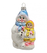 Елочное украшение стеклянное Снеговик с девочкой 10 см