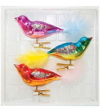 Набор стеклянных елочных украшений Птички 3 фигурки, на прищепке